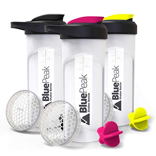 Book Cover BluePeak Protein Shaker Bottle 28 oz with Dual Mixing Technology, Strong Loop Top, BPA Free, Shaker Balls & Mixing Grids Included - On-The-Go Large Protein Shakers (3 Pack - Black, Yellow, Pink)