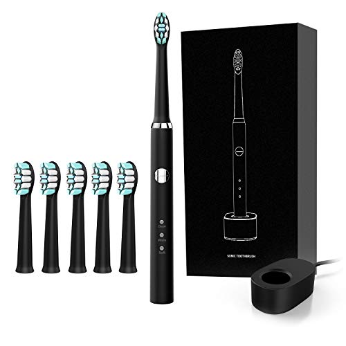 Book Cover Sonic Electric Toothbrush for Adults, 6 brush heads 3 Modes with 2 Min Build in Timer, Dentists recommend, Waterproof, USB induction charging, Black