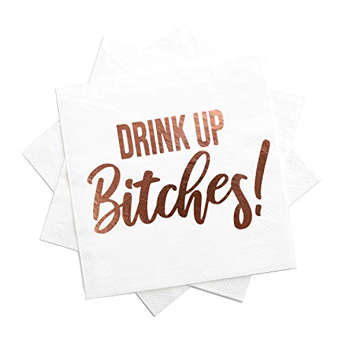 Book Cover Cocktail Napkins- Fancy Printed Napkins with ''Drink Up B!tches'' Emboss in Rose Gold Foil Letters- Ideal for Bachelorette Party Decorations- Beverage Napkins- Folded 5 x 5 Inches (50 Pack)