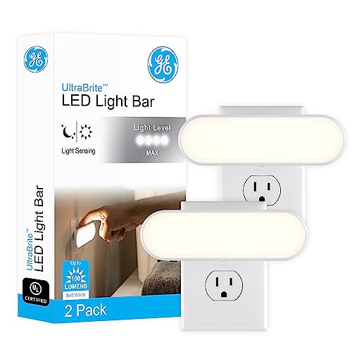 Book Cover GE Ultrabrite LED Light Bar, 100 Lumens, 2 Pack, Plug-in, Dusk-to-Dawn Sensor, Auto/On/Off Switch, Home Décor, Ideal for Bedroom, Bathroom, Garage, Kitchen, Hallway, White, 46707