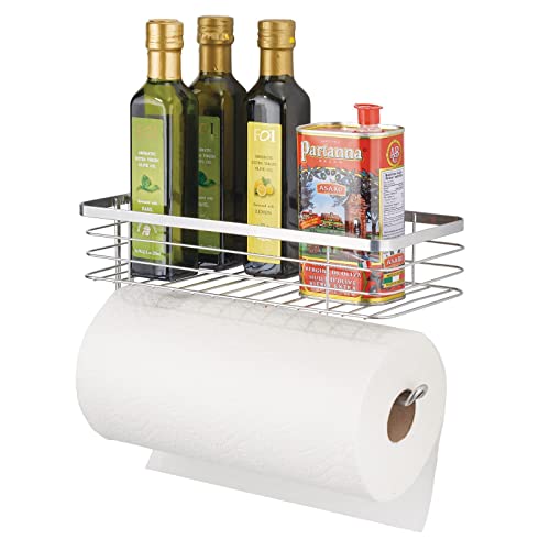 Book Cover mDesign Steel Horizontal Wall Mount Paper Towel Holder with Basket Storage Organizer for Kitchen Countertop, Pantry, Cabinet, Cupboard - Holds Spices, Snacks, Drinks - Carson Collection - Chrome