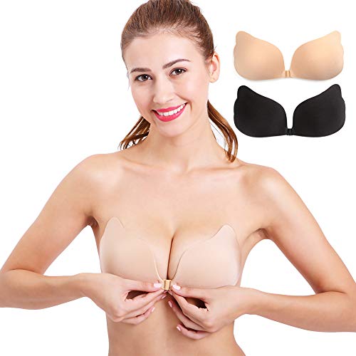 Book Cover Aedo Strapless Bra for Women, Self Adhesive Invisible Pasties Sticky Push Up Backless Cleavage Cover 2 Pack (Nude+Black, Cup D)