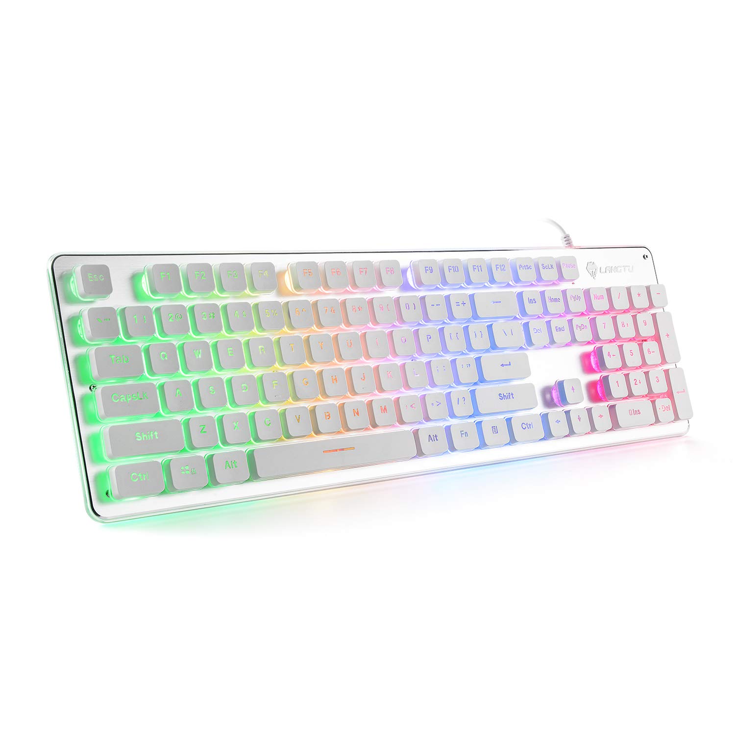 Book Cover LANGTU Membrane Gaming Keyboard, Rainbow LED Backlit Quiet Keyboard for Office, USB Wired All-Metal Panel 25 Keys Anti-ghosting Computer Keyboard 104 Keys - L1 White/Silver…