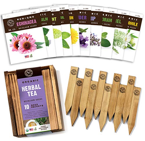 Book Cover Herb Garden Seeds for Planting - 10 Medicinal Herbs Seed Packets Non GMO, Wood Gift Box, Plant Markers - Herbal Tea Gifts for Tea Lovers, Herb Growing Kit Indoor Garden Starter Kit