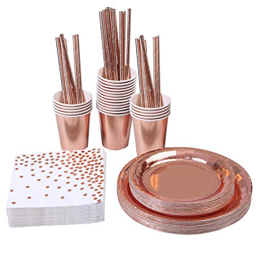 Book Cover Aneco 146 Pieces Rose Gold Party Supplies Party Tableware Foil Paper Plates Napkins Cups Straws for Weddings, Anniversary, Birthday for 24 Guests