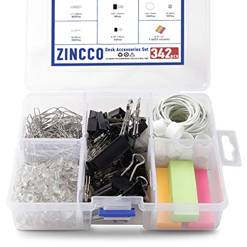 Book Cover 342 Pcs Small Office Supplies Kit with Storage Container, Metal Binder Clips Medium/Small, Paper Clips, Assorted Rubber Bands, Page Markers, Push Pins, for Home, Office, School, etc.