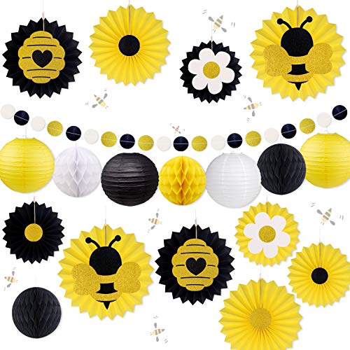 Book Cover Honey Bee Party Decorations, Bumble Bee Baby Shower Hanging Paper Fans Lanterns Tissue Honeycomb Ball Glitter Circle Dot Garland Black and Yellow for Birthday Wedding