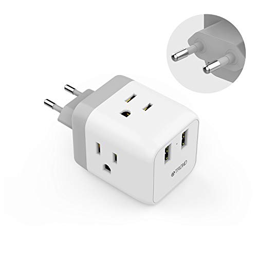 Book Cover European Travel Plug Adapter, TROND 5 in 1 US to EU Power Adapter with 2 USB Ports and 3 American Outlets, for Germany France Italy Spain Greece Israel (Type C Plug), White
