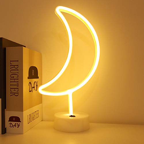 Book Cover BHCLIGHT LED Moon Neon Light Signs Room Decor with Holder Base Night Lights Ramadan Decor Battery Operated Light up Sign Bedside Table Lamps Neon Signs for Home Decorations
