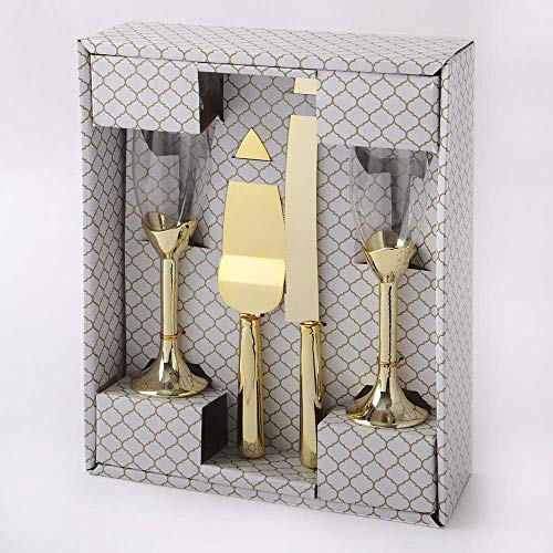 Book Cover Elegant Toasting Glasses With Cake Knife And Server 4 Piece Set - Perfect For A Wedding, Engagement, Anniversary, Valentine's Day Gift, Or Special Birthday Parties (Gold)