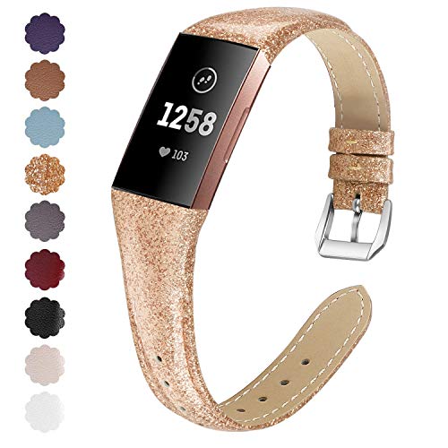 Book Cover NANW Bands Compatible with Fitbit Charge 4 / Fitbit Charge 3, Slim Genuine Leather Wristband Replacement Accessories Strap for Women Men Compatible with Fitbit Charge 3 Small Large