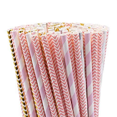 Book Cover Paper Straws Biodegradable, Straws Drinking Disposable-4 Colors 100 Pink/Gold Paper Straws for Drinks, 30 oz Tumbler, Unicorn Party Supplies, Wedding/Birthday/Baby Shower Decorations for Boy Girl