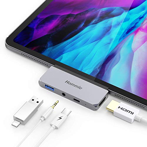 Book Cover Hommie USB Type-C Hub for iPad Pro 2020 2018 and MacBook Pro, USB C Hub Adapter with USB-C PD Charging, 4K HDMI, USB 3.0 & 3.5 mm Headphone Jack, Space Gray