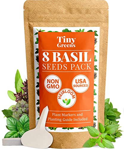 Book Cover 8 Basil Herb Seed Pack - Cinnamon, Dark Opal, Genovese, Holy, Italian, Lemon, Sweet, Thai Basil - Perfect Seeds for Planting Indoor Hydroponic Systems or Outdoor Herb Gardens - Heirloom & Non-GMO