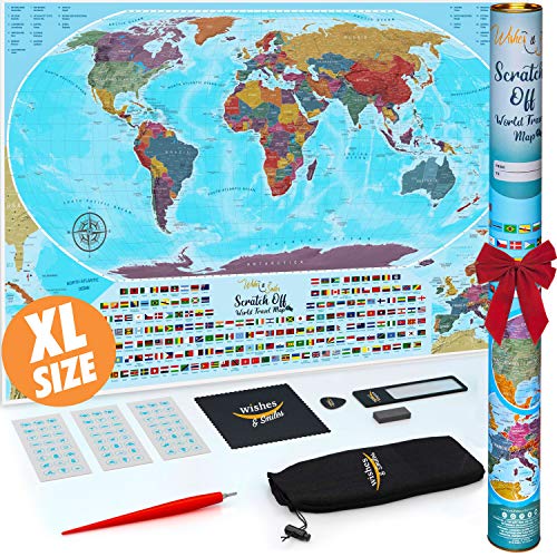 Book Cover Scratch Off Map of The World - 24 x 36 Large and Very Detailed Travel Map with Flags by Wishes and Smiles - Hang on Wall Using a Standard Poster Frame - Blue and Silver Unique Art for a Perfect Gift