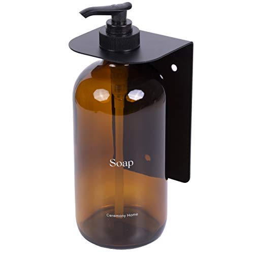 Book Cover Ceremony Home - Black Soap Dispenser Wall Mount, w/ 16oz Refillable Glass Amber Bottle and Pump