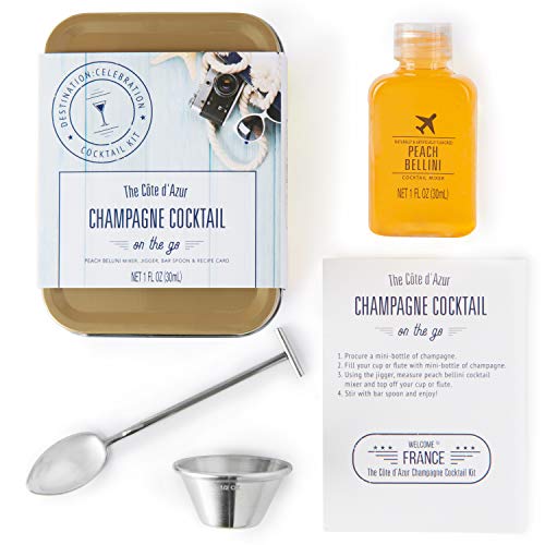 Book Cover Thoughtfully Gifts, Champagne Cocktail Mixer Travel Tin Gift Set, Includes Peach Bellini Cocktail Mixer, Jigger, Bar Spoon and Recipe Card (Contains NO Alcohol)