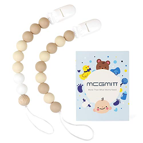 Book Cover MCGMITT Pacifier Clip, Silicone Binky Teether Holder BPA Free Teething Beads for Baby Girls Boys, 2 Pack Shower Gift Set (Beige)