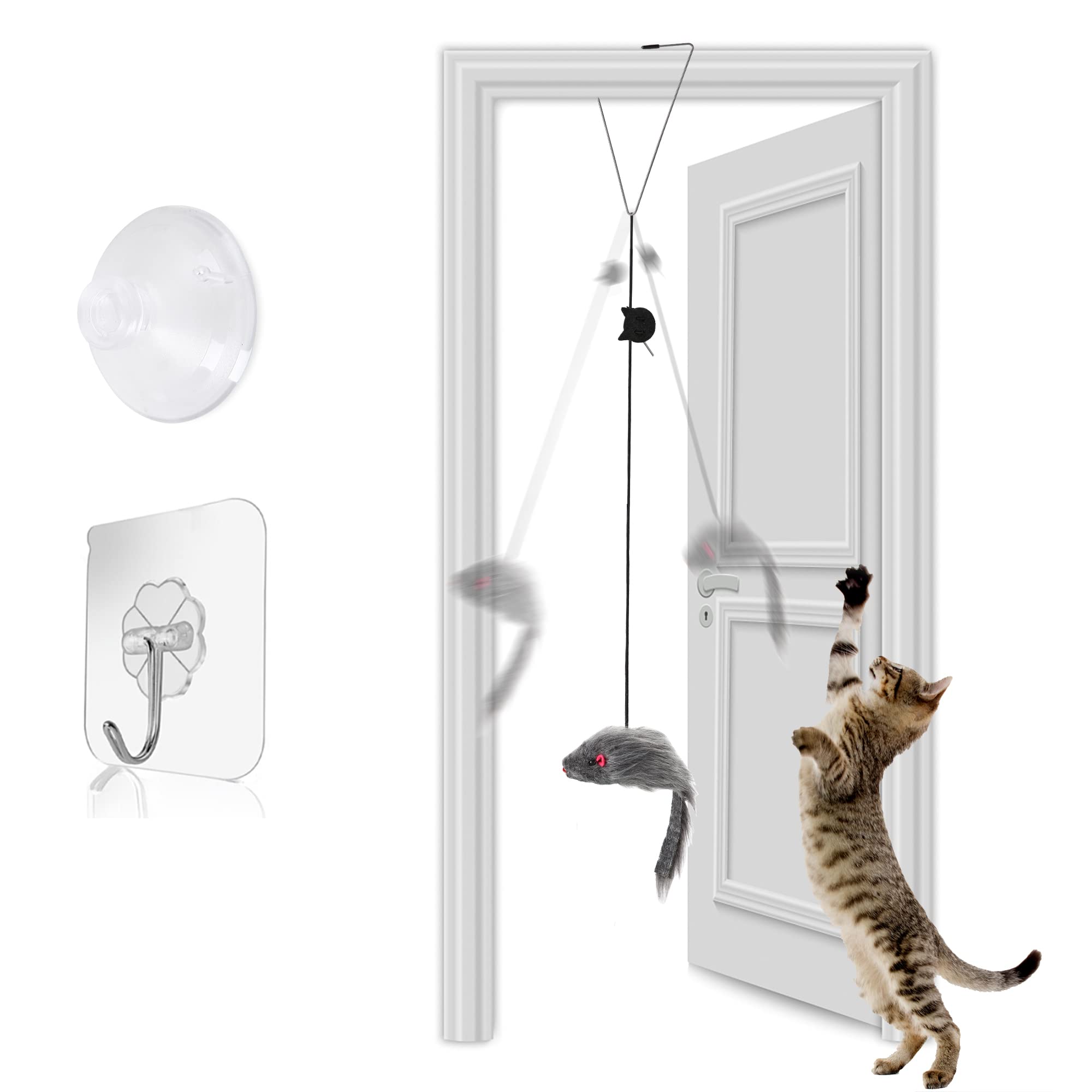 Book Cover FYNIGO Self-Play 3 Ways Hanging Door Cat Mouse Toys for Indoor Cats Kitten,Interactive Cat Mice Toys for Hunting Exercising Eliminating Boredom, for Small Breeds 1 Pack