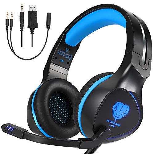 Book Cover BUTFULAKE Xbox One Headset, Gaming Headset for Xbox One, Xbox One S, PS4, PC, Nintendo Switch, Laptop, Mac, Computer, 3.5mm Wired Over-Ear Gaming Headphones with LED Light & Noise Cancelling Mic, Blue