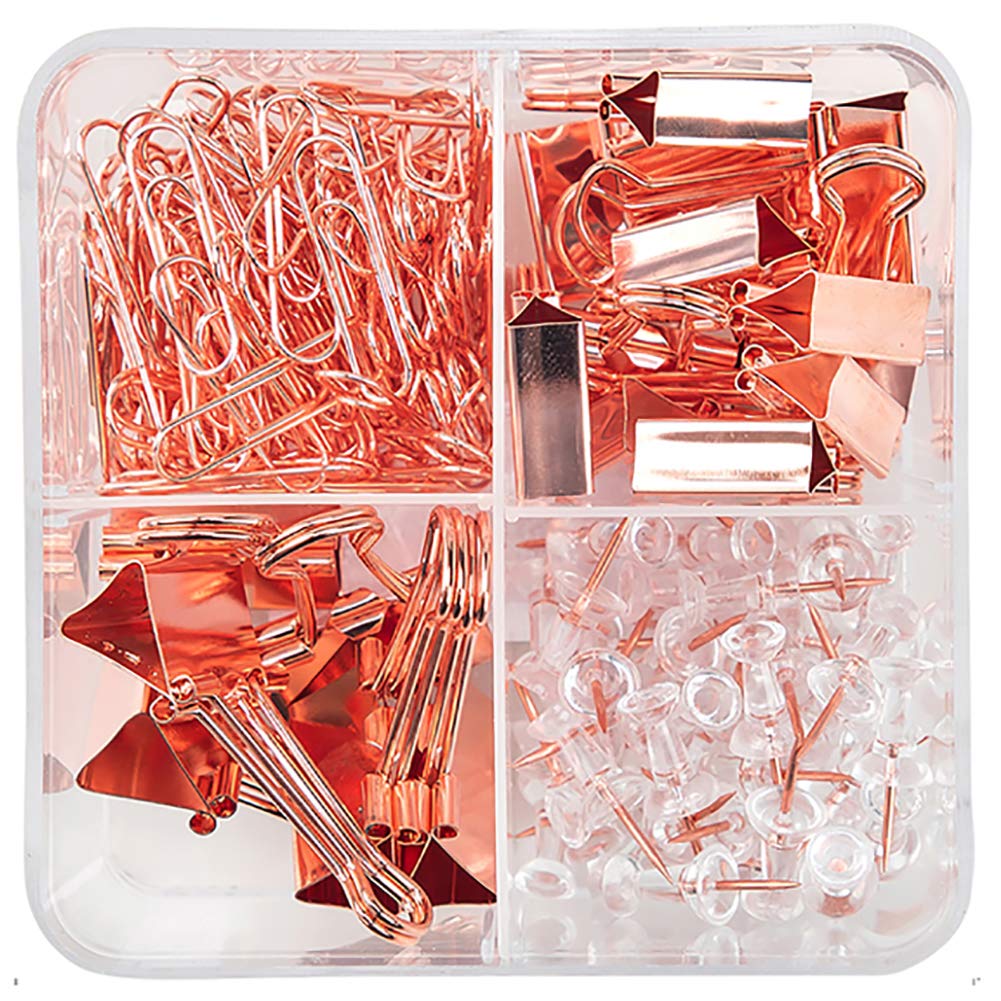 Book Cover Binder Clips Paper Clips Push Pins Sets with Box for Office,School and Home Supplies (Rose Gold)