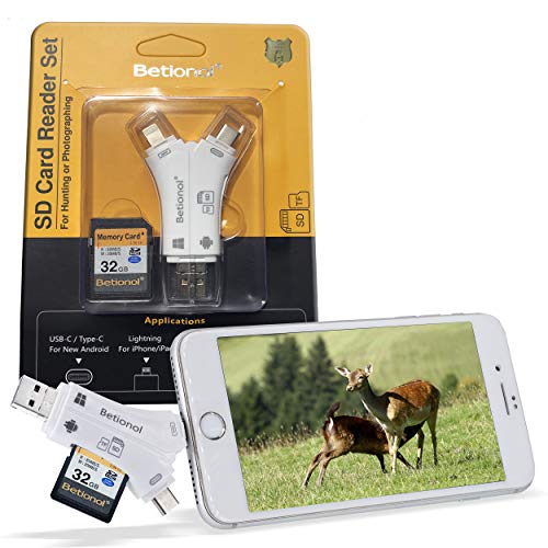 Book Cover Betionol SD Card Reader with 32GB SD Card for Smartphone to View and Manage Pictures/Videos, 4-in-1 Portable Trail Camera Viewer for SDXC/SDHC/SD/MMC/RS-MMC/Micro SDXC/Micro SD/Micro SDHC/UHS-I Cards