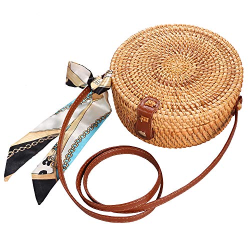Book Cover Round Rattan Bags,Handwoven Straw Crossbody Handbag for Women with Shoulder Leather Strap