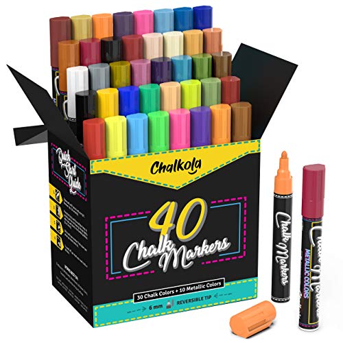 Book Cover Chalkola Chalk Markers - Pack of 40 (Neon, Classic & Metallic) Chalk Pens - For Chalkboard, Blackboard, Window, Labels, Bistro, Glass - Wet Wipe Erasable - 6mm Reversible Tip