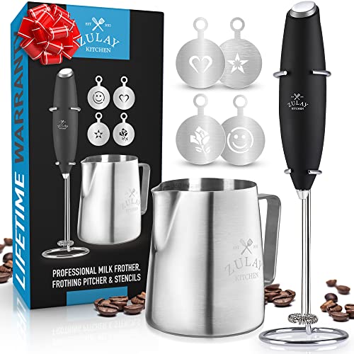 Book Cover Zulay Milk Frother Complete Set Coffee Gift, Handheld Foam Maker for Lattes - Whisk Drink Mixer for Coffee, Mini Blender for Cappuccino, Frappe - Includes Frother, Stencils & Frothing Cup (Black)