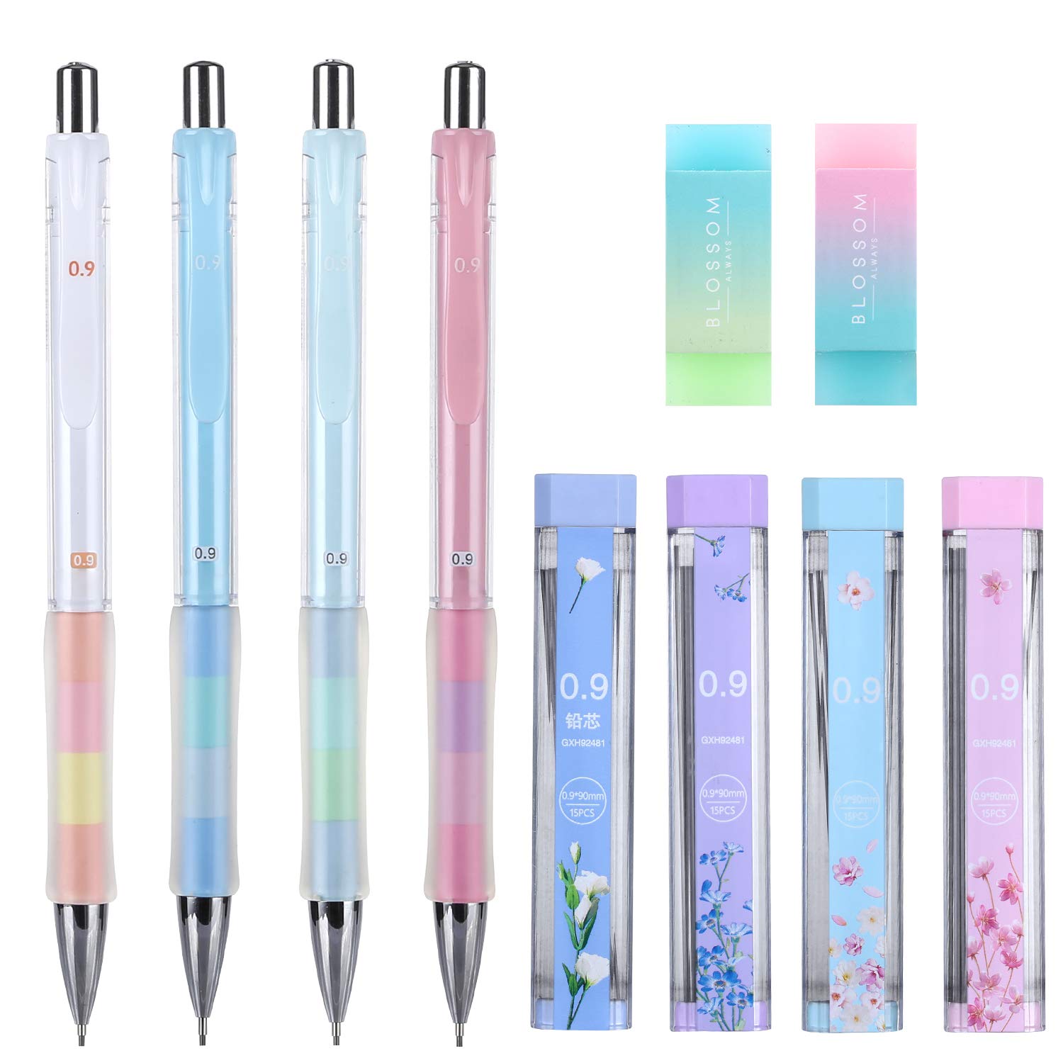 Book Cover Mechanical Pencil, ExcelFu 4 Pieces 0.9 mm Mechanical Pencils with 4 Tubes 2B Lead Refills and 2 Pieces Erasers for Writing, Drawing, Signature, 4 Colors