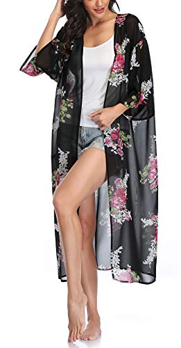 Book Cover Womens Long Chiffon Floral Kimono Cardigans Loose Blouse Summer Cover Ups
