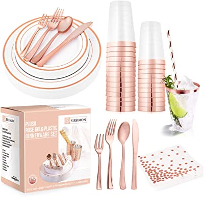 Book Cover SIRSIMON 250 Piece Disposable Rose Gold Plastic Tableware Set - 50 Rose Gold Plastic Plates - 25 Rose Gold Plastic Silverware - 25 Rose Gold Cups and Straws - 50 Fancy Napkins, Wedding or Party of 25