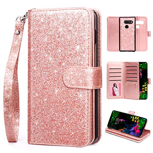 Book Cover LG G8 Case,LG G8 ThinQ Case,LG G8 Cover Leather Case,HIDAHE Bling Luxury Cash Credit Card Slots Holder Purse Carrying Folio Flip Cover[Detachable Magnetic Hard Case] Kickstand- Rose Gold