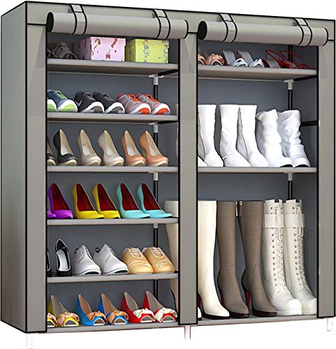 Book Cover PENGKE Shoe Rack Storage Organizer, Portable Boot Rack, 27-Pair Double Row, Shoe Cabinet Tower with Non-Woven Fabric Cover, Silver