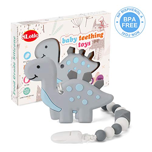 Book Cover Slotic Baby Teething Toys, Dinosaur Teether Pain Relief Toy with Pacifier Clip Holder Set for Newborn Babies, Freezer Safe Neutral Shower Gift, Soft & Textured Stocking Stuffers for Boy and Girl