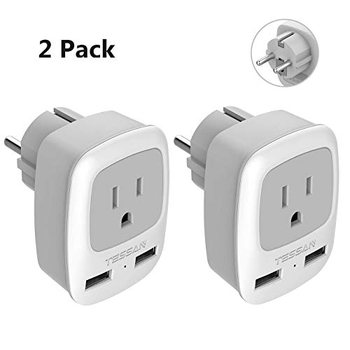 Book Cover Type E/F Germany European Adapter 2 Pack, TESSAN Schuko France Travel Power Plug 2 USB, Outlet Adaptor for USA to Most of Europe EU Spain Iceland