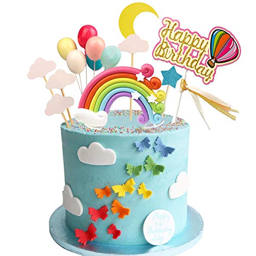 Book Cover Rainbow Birthday Cake Topper Party Supplies with Rainbow Clouds Balloons Happy Birthday Cake Decorations for Rainbow Theme Party Baby Shower Wedding