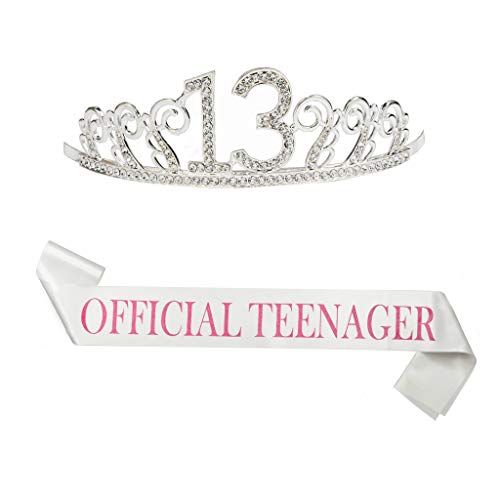 Book Cover B4MBOO 13th Birthday Crown and Sash, Glitter 13 Crown with A 25 inch “Official Teengager” Pink Sash, Beautiful Tiara and Sash Set for 13th Birthday Party Birthday Party Supplies