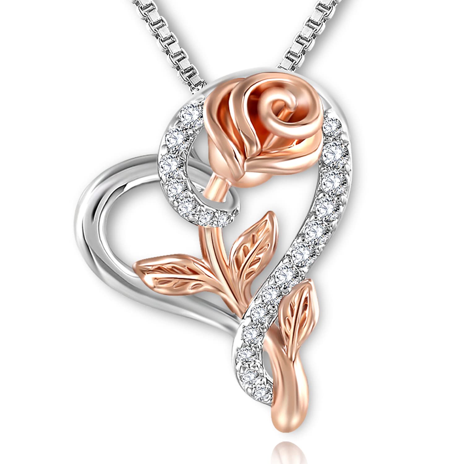 Book Cover Valentines Gift Rose Necklace for Women Cubic Zirconia Love Heart Pendant Necklace, Silver & Rose Gold 2-Tone Rose Pendant with Jewelry Box Birthday Gifts for Her 14H-Silver heart necklace