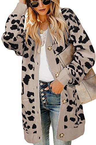 Book Cover Saodimallsu Womens Open Front Leopard Cardigans Oversized Chunky Long Warm Button Down Knit Sweaters Coats with Pockets