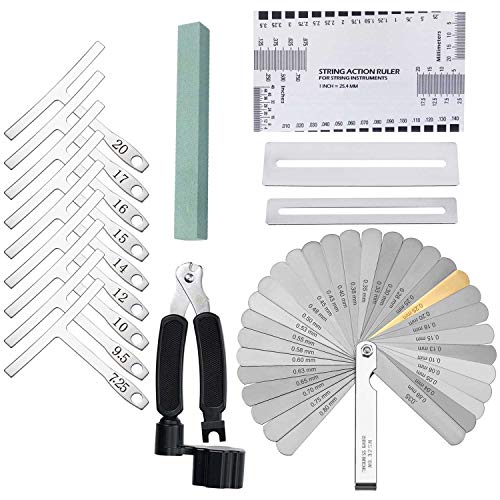 Book Cover Guitar Bass Luthier Tool Kit Set with 9pcs Understring Radius Gauge + 32 Blades Steel Feeler Gauge + String Action Gauge Ruler + String Winder Cutter + 2 Fingerboard Guard Protectors + Grinding Stone