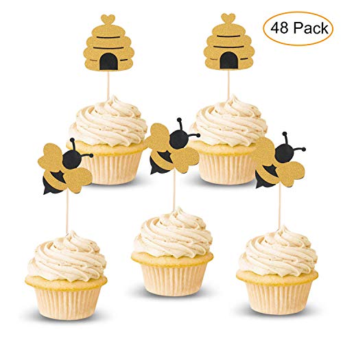 Book Cover Lauren 48 Pcs Glitter Bumble Bee Cupcake Toppers Fruit Decorations for Bumble Bee Gender Reveal Baby Shower Birthday Party Decor