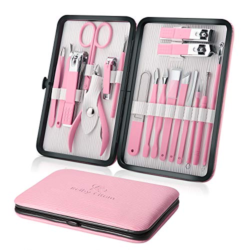Book Cover Manicure Set Professional Nail Clippers Kit Pedicure Care Tools- Stainless Steel Women Grooming Kit 18Pcs for Travel or Home (Pink)