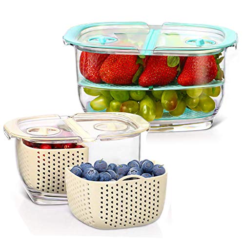 Book Cover Fresh Fruit Vegetable Storage Container 2-Piece Partitioned Food Storage Container Sets with Vents Lids BPA-Free Veggie Saver Keeper Container for Strawberry berry cherry, 1.9/0.5 Quart