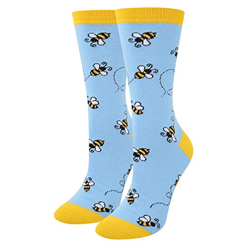 Book Cover Women Girls Funny Novelty Busy Bees Cute Crazy Bugs Cotton Crew Socks in Blue