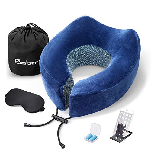Book Cover Baban Travel Pillow, Airplane Neck Pillow Memory Foam Neck Cushion,Flight Pillow Travel Kit Compact and Breathable for Sleeping Napping on Airplane,Car,Office,Sleeping Mask,Earplugs and Phone Holder