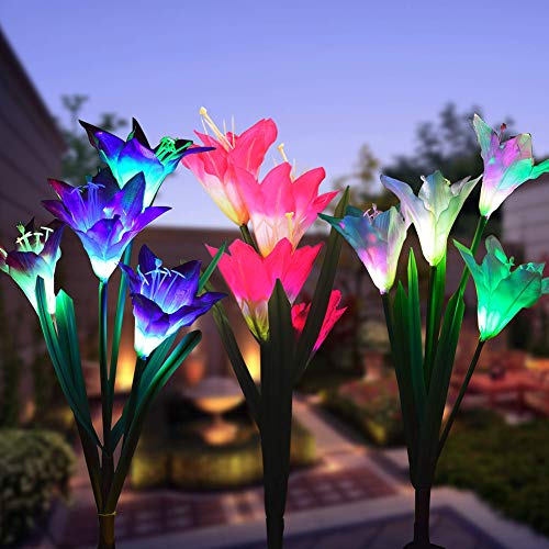 Book Cover Weepong Flower Solar Lights Outdoor - 3 Pack Waterproof Solar Garden Lights with 12 Bigger Lily Flowers, Color-Changing Outdoor Lights for Patio, Back Yard, Garden, Lawn, Pathway(White, Purple, Red)