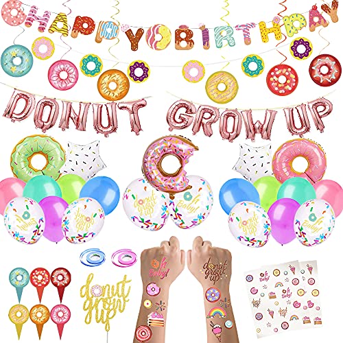Book Cover CNsoyee Donut Grow Up Party Decoration Kit, Donut Party Supply with Tattoo Sticker Banner Latex Foil Confetti Balloon Swirl Cake Topper Happy Birthday Garland
