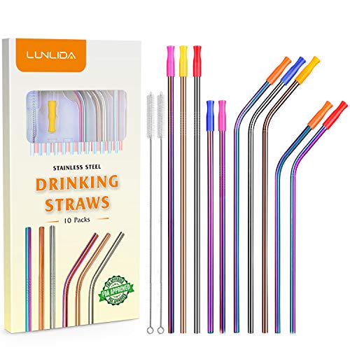 Book Cover Colorful Metal Straws Set of 10, Reusable Stainless Steel Drinking Straws with Silicone Tips for 20 30 OZ Yeti Tumbler, RTIC, Tervis, Ozark Trail, Starbucks, Mason Jar (5 Straight+5 Bent+2 Brushes)