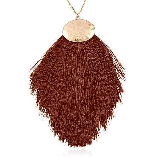 Book Cover RIAH FASHION Antique Bohemian Silky Thread Fan Tassel Statement Necklace - Vintage Gold Feather Shape Strand Fringe Lightweight Long Chain